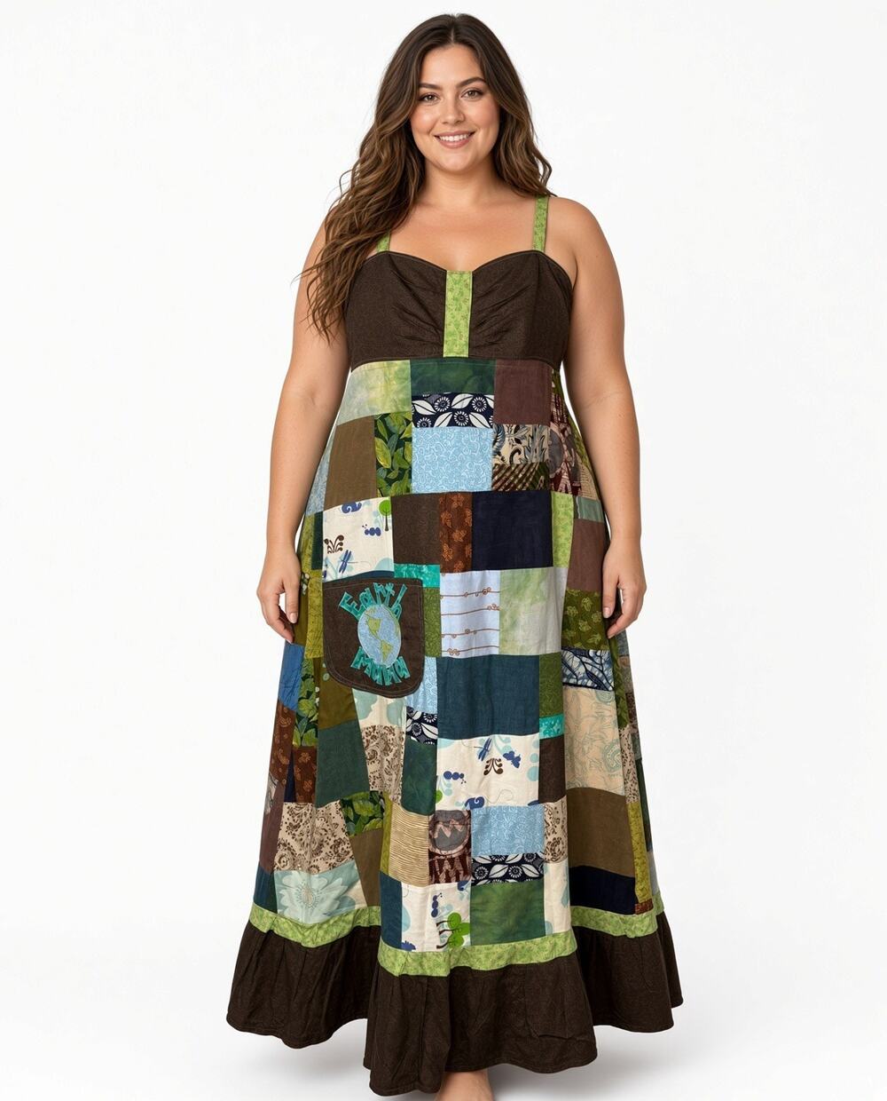 Handmade Earth Mama Patchwork Brown Green Maxi Dress Hippie Boho 1-2X